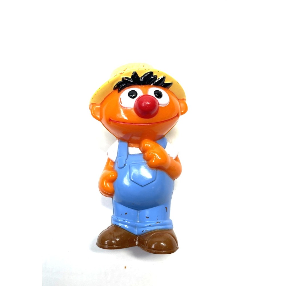Vintage Sesame Street Ernie Figure Farmer Overalls Straw Hat